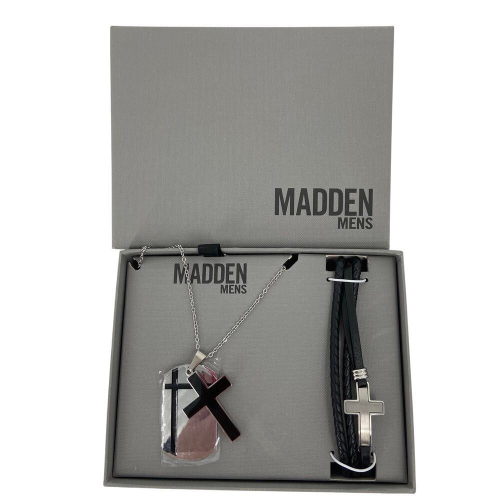 Steve Madden Jewelry Gift Set Men's Cross Necklace and Bracelet Silver Tone